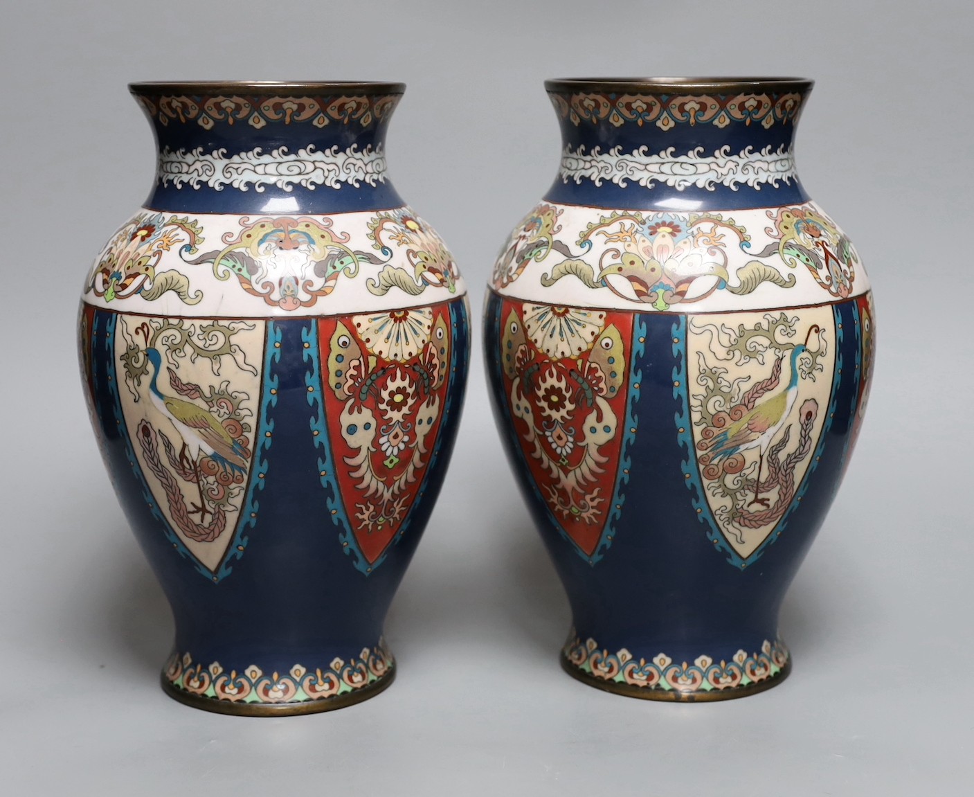A pair of Japanese cloisonné enamel vases, probably Kyoto, early 20th century, 25cms high